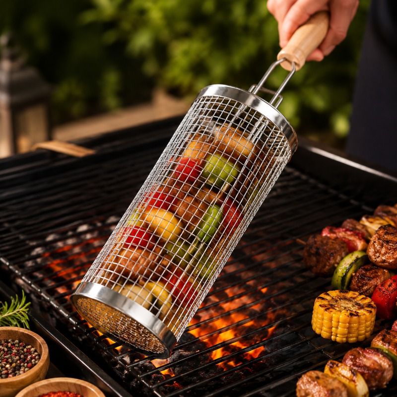 Outdoor Camping Set - Round Barbecue Grill Basket Set Stainless